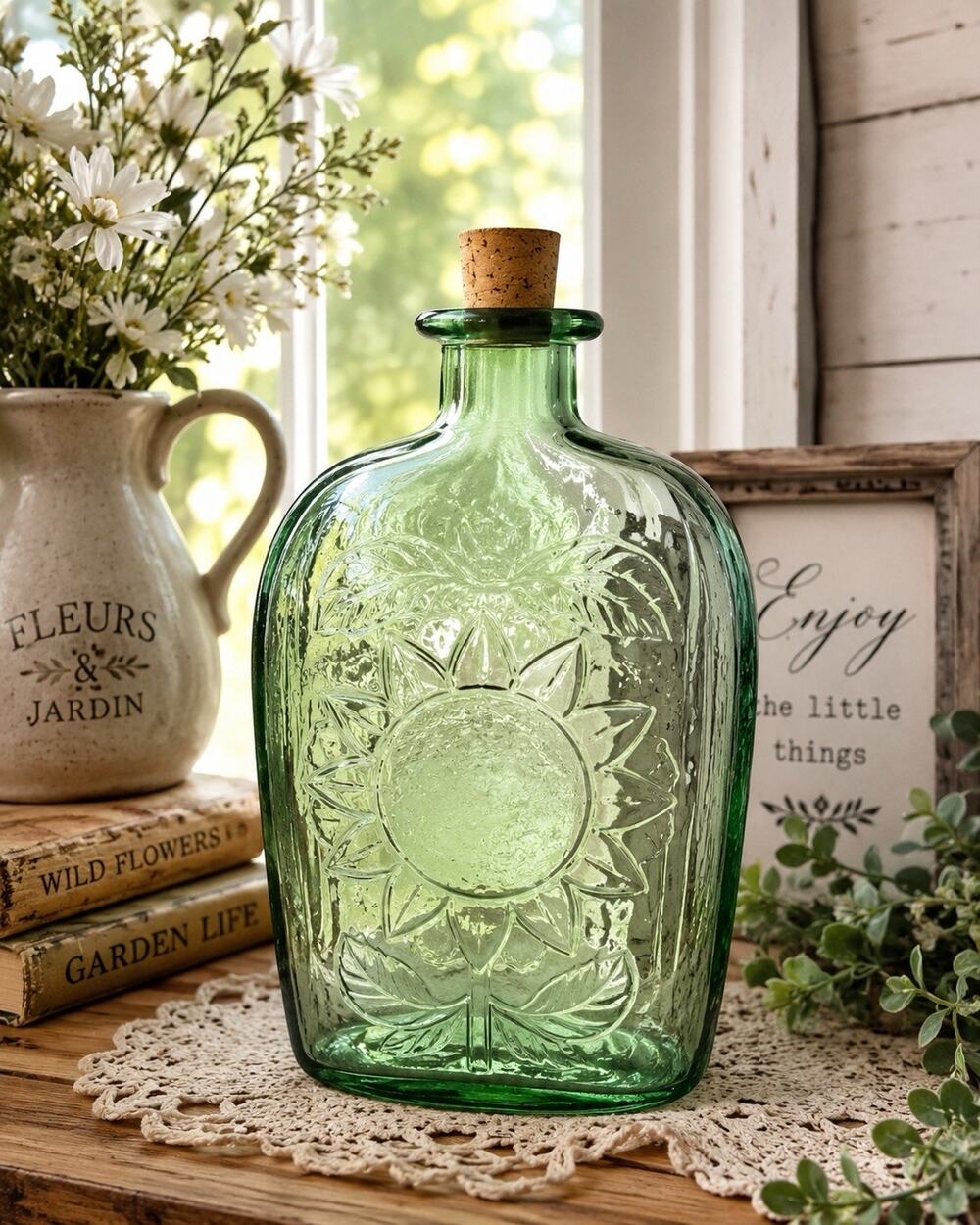 Vintage Embossed Green Glass Bottle w/ Cork Made in Canada 9” X 6” Sunflower